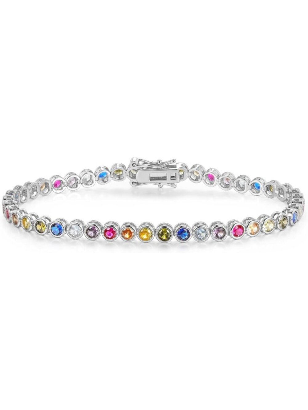 Colorful 3mm Tennis Link Bracelet, 18K Gold Plated, Rainbow Cubic Zirconia